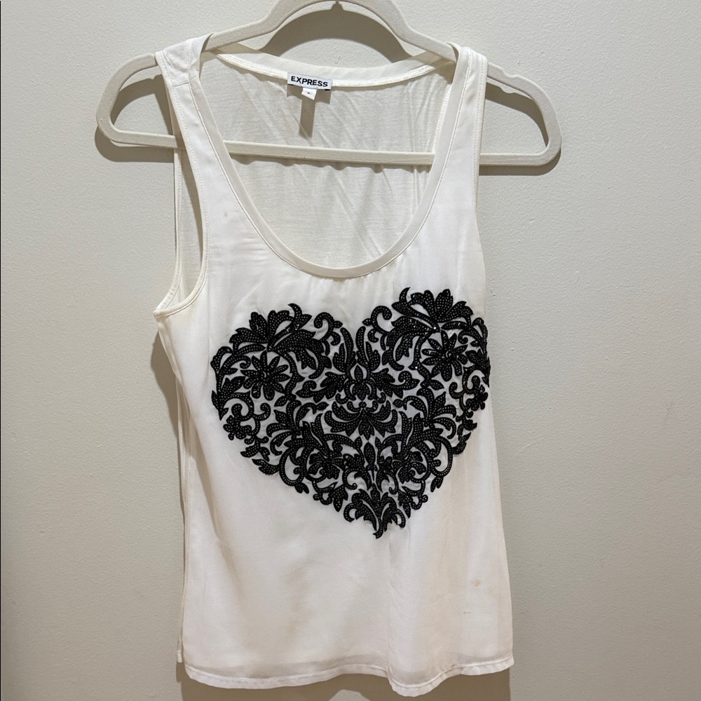 Express White Tank Top with Black Embroidered Heart